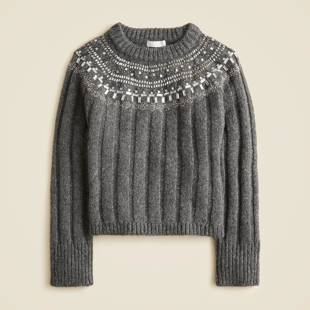 New! J. Crew Sz XS Gray Crystal Stone Fair Isle Wool Sweater NWT